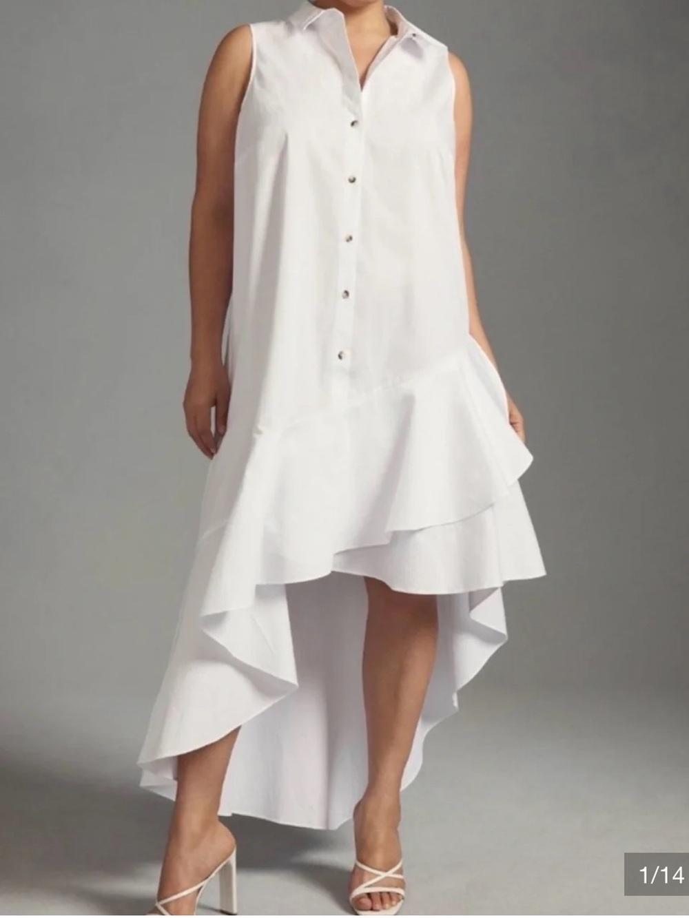 Anthropologie White Sleeveless High-Low Ruffle Shirt Dress size medium